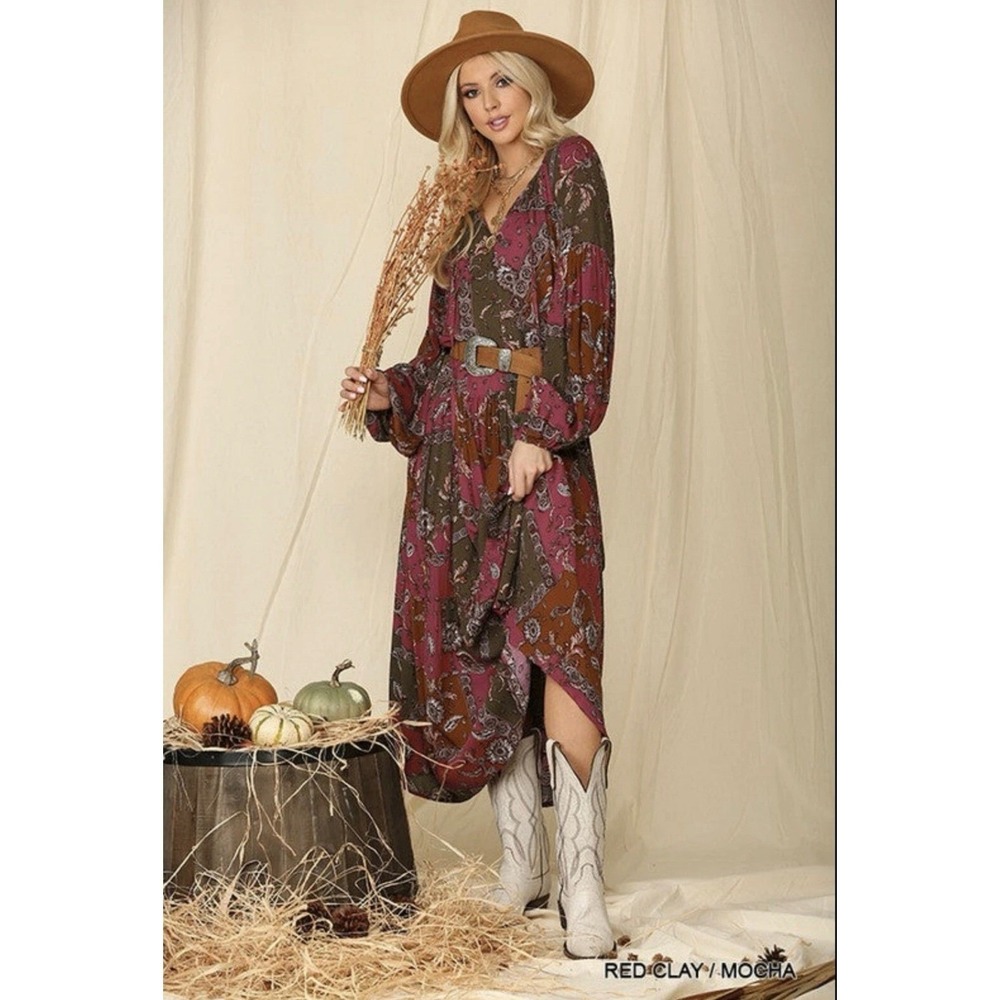 GiGIO Boho Paisley Maxi Dress Women V Neck Long Sleeve Fall Style New Medium